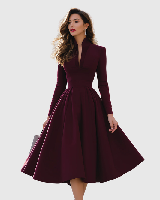 Elegant Midi Dress for Women V-Neck Long-Sleeve