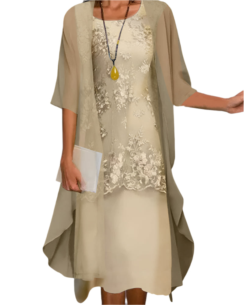 Elegant Midi Dress for Women Sheer-Sleeve Lace-Overlay