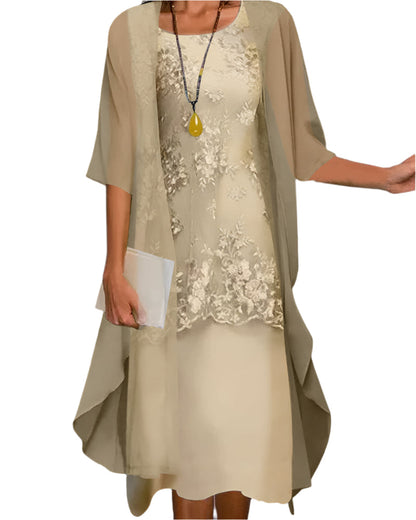 Elegant Midi Dress for Women Sheer-Sleeve Lace-Overlay