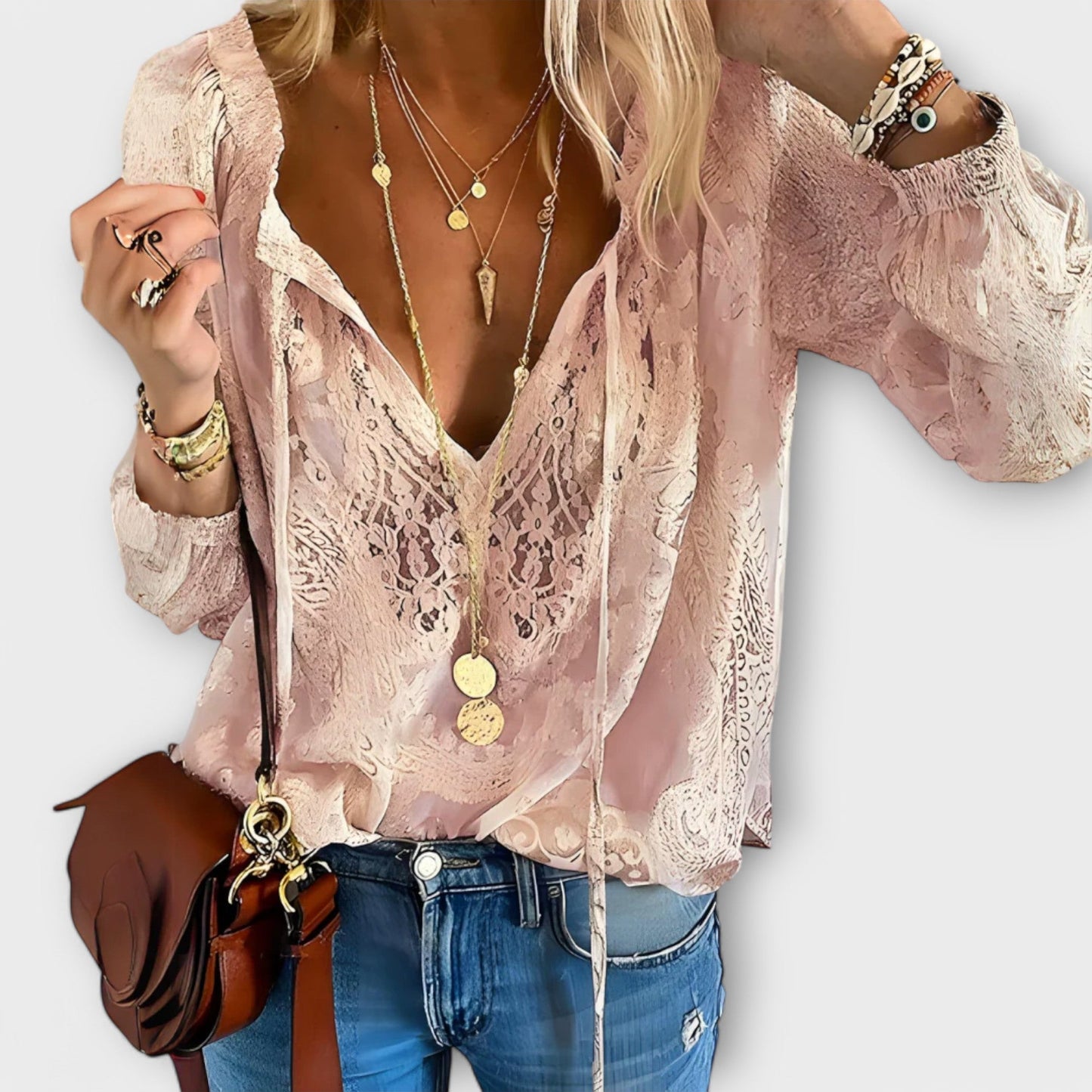 Elegant Blouse for Women Lace Sheer V-Neck