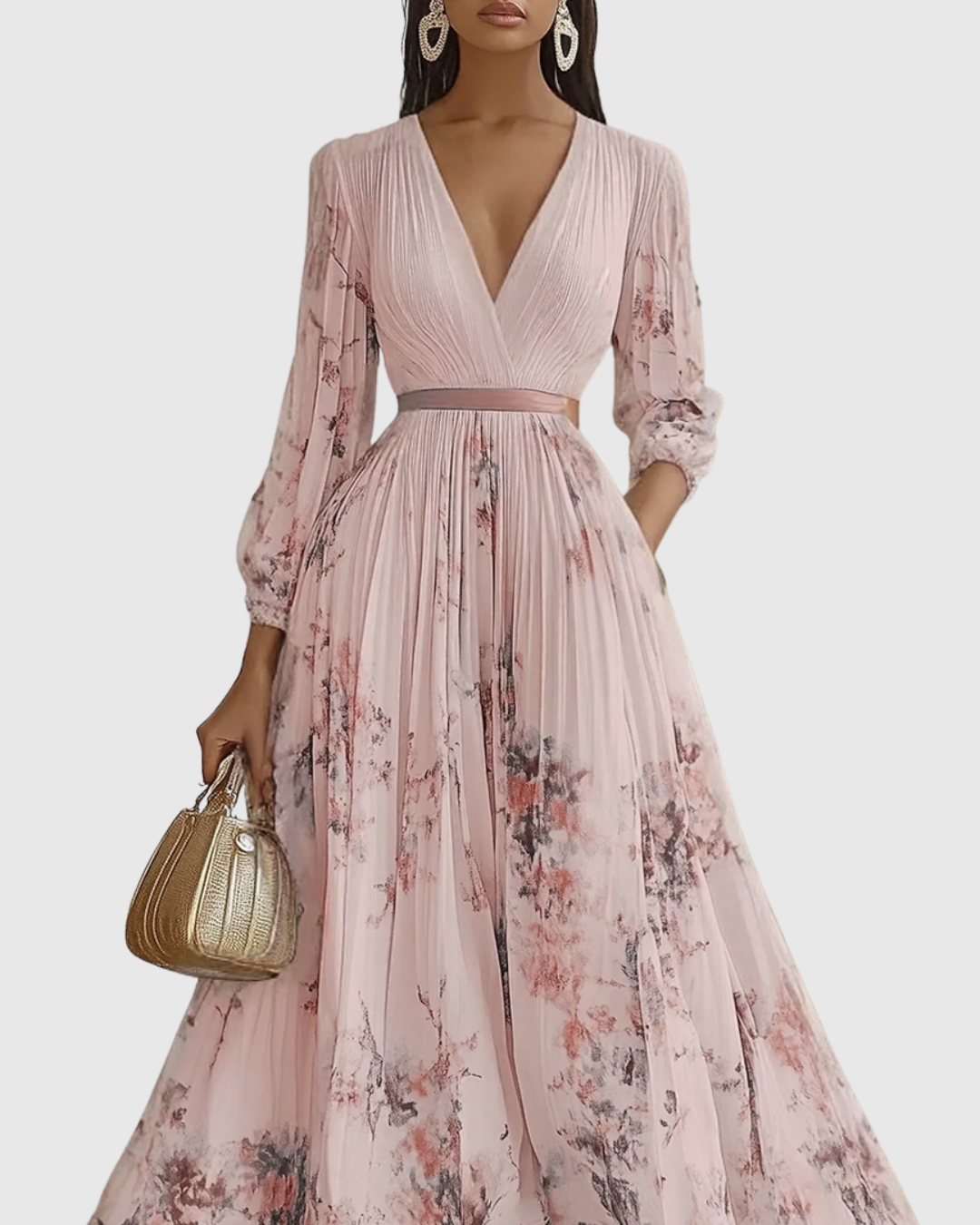 Elegant Pleated Maxi Dress for Women V-Neck Sleeveless Floral-Print