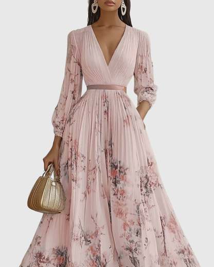 Elegant Pleated Maxi Dress for Women V-Neck Sleeveless Floral-Print