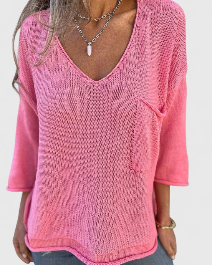 Comfortable Sweater for Women V-Neck Patch-Pocket Long-Sleeve