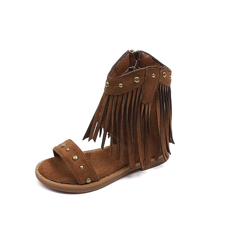 Stylish Fringe Sandals for Women Studded Ankle-Strap Zip-Up