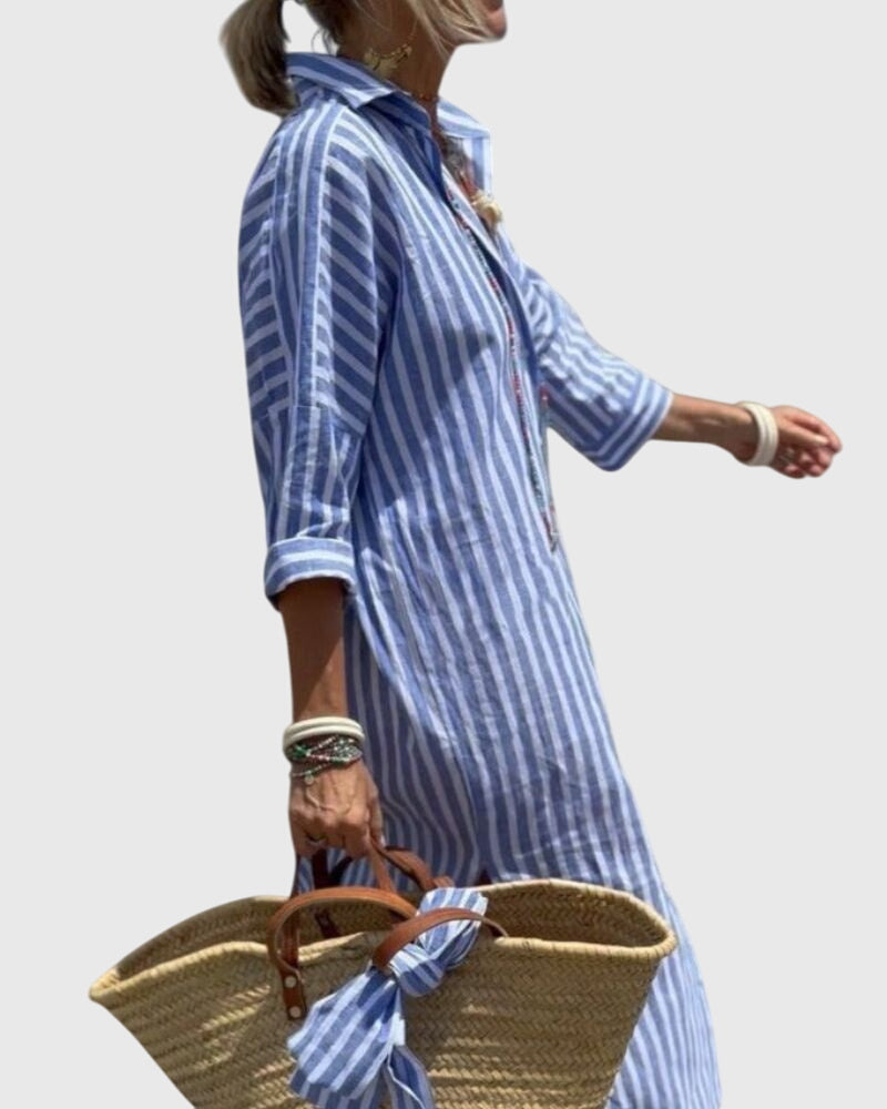 Elegant Shirt Dress for Women Striped Long-Sleeve