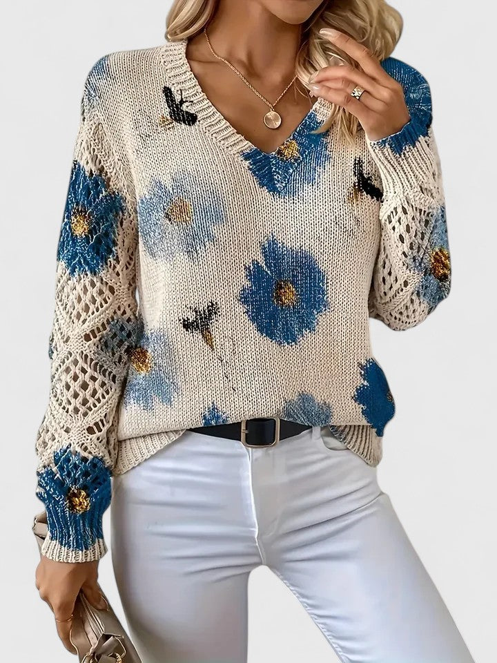 Elegant Pullover Sweater for Women V-Neck Floral-Crochet