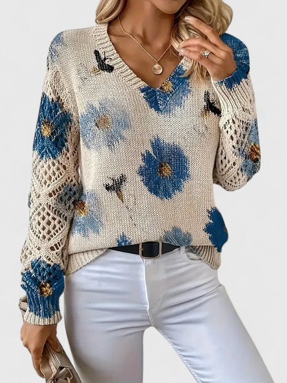 Elegant Pullover Sweater for Women V-Neck Floral-Crochet