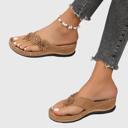 Comfortable Thong Sandals for Women Floral-Appliqué Wedge Slip-On