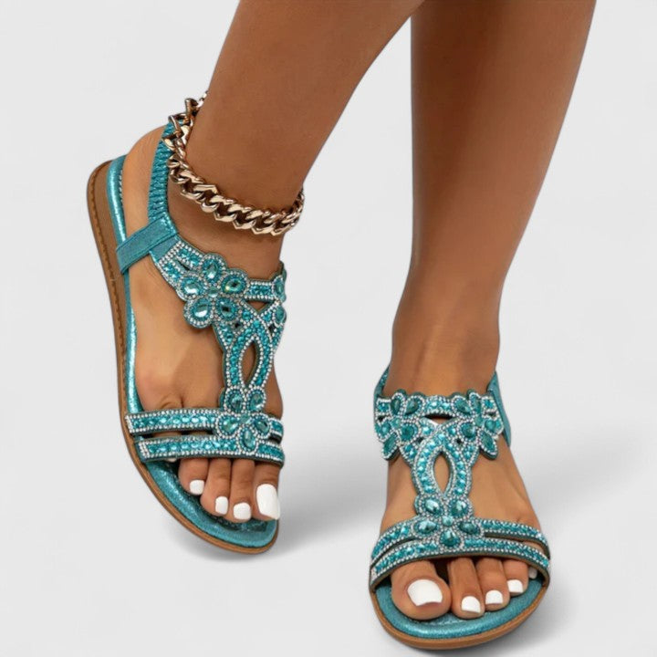 Elegant Flat Sandals for Women Rhinestone T-Strap Embellished