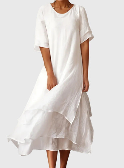 Elegant Midi Dress for Women Round-Neck Ruffle-Tiered