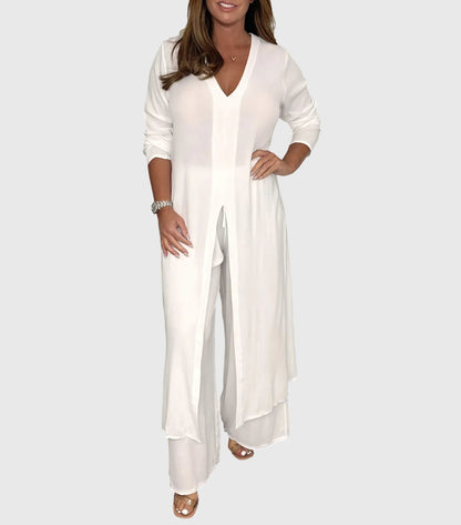 Elegant Two-Piece Set for Women V-Neck Tunic Wide-Leg