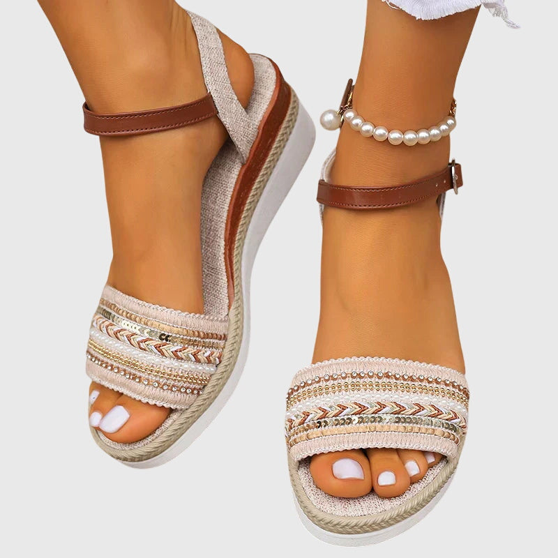 Comfortable Wedge Sandals for Women Embroidered Ankle-Strap Espadrille