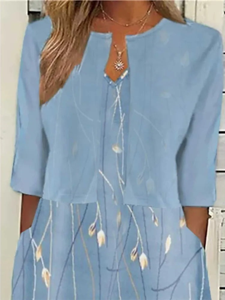 Effortless Floral Midi Dress for Women Three-Quarter-Sleeve Casual