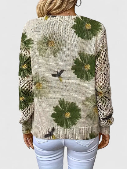 Elegant Pullover Sweater for Women V-Neck Floral-Crochet