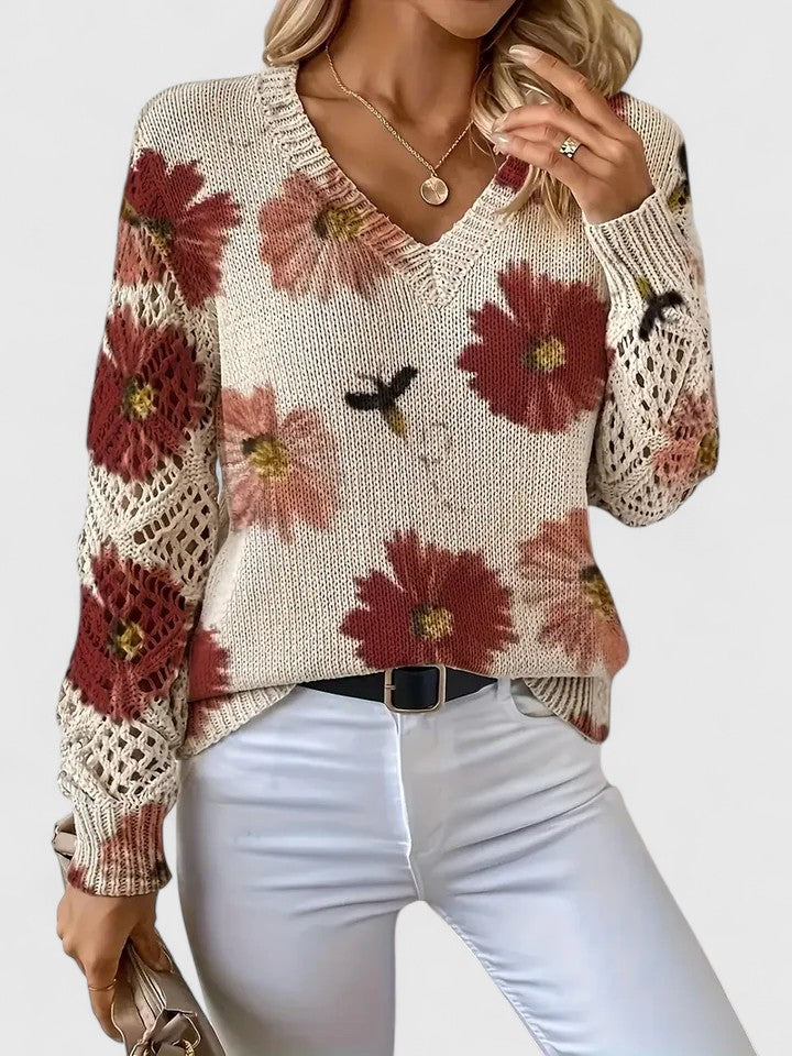 Elegant Pullover Sweater for Women V-Neck Floral-Crochet