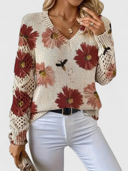 Elegant Pullover Sweater for Women V-Neck Floral-Crochet