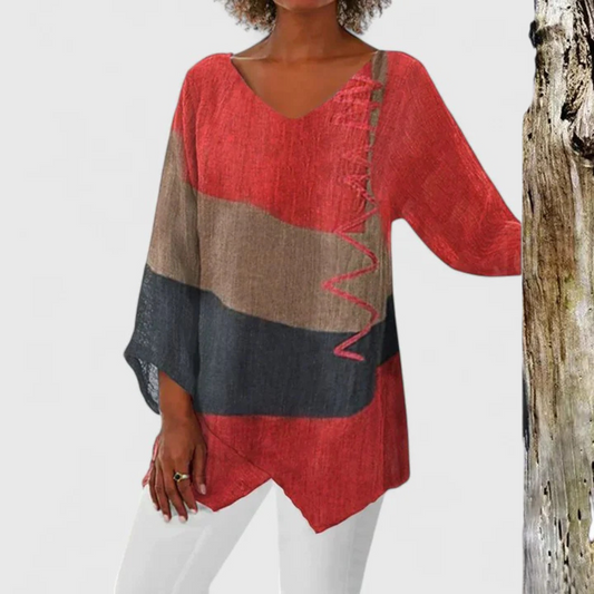 Elegant Blouse for Women Colorblock V-Neck Wide-Sleeve