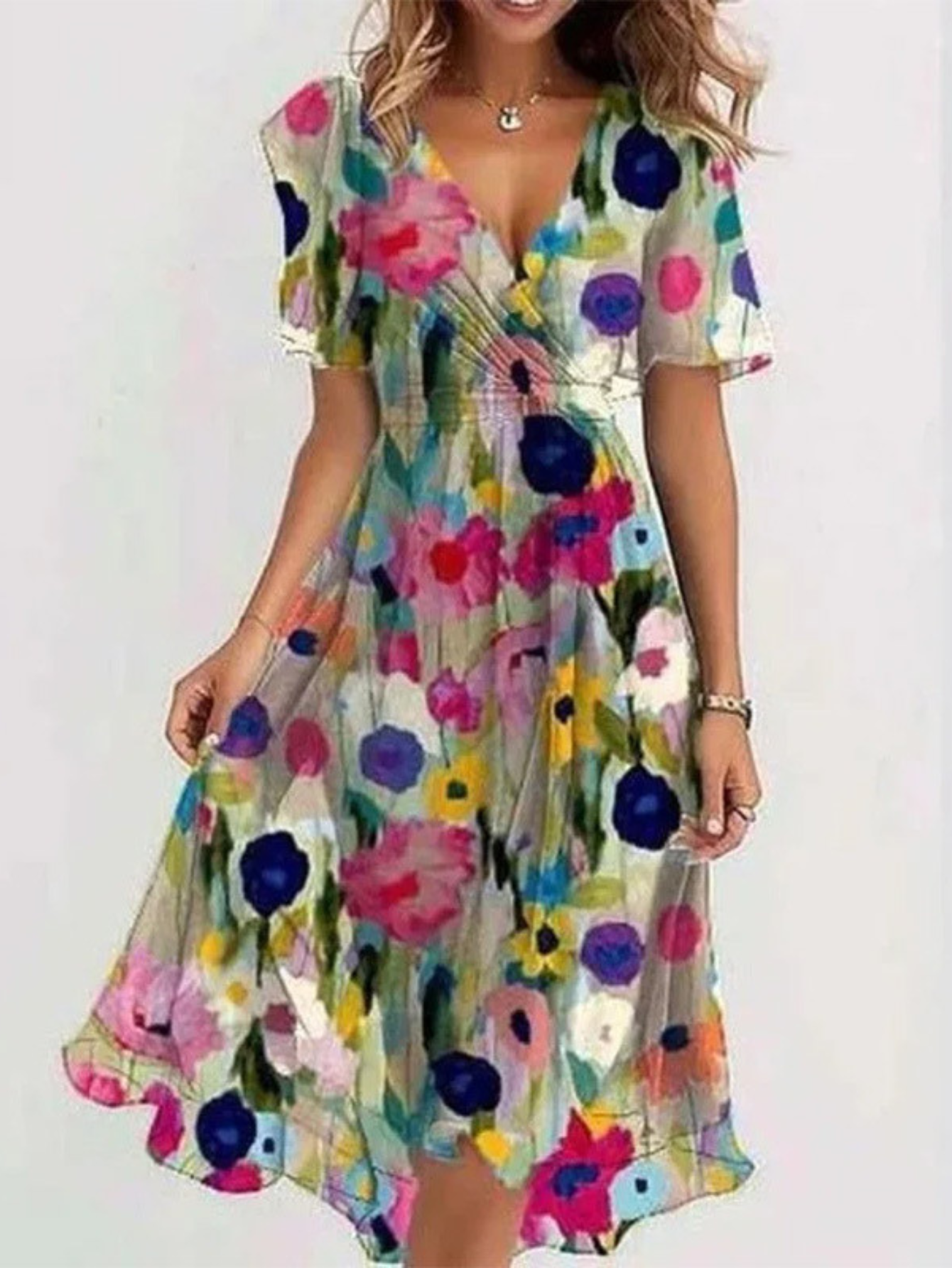 Elegant Wrap Midi Dress for Women V-Neck Floral-Print