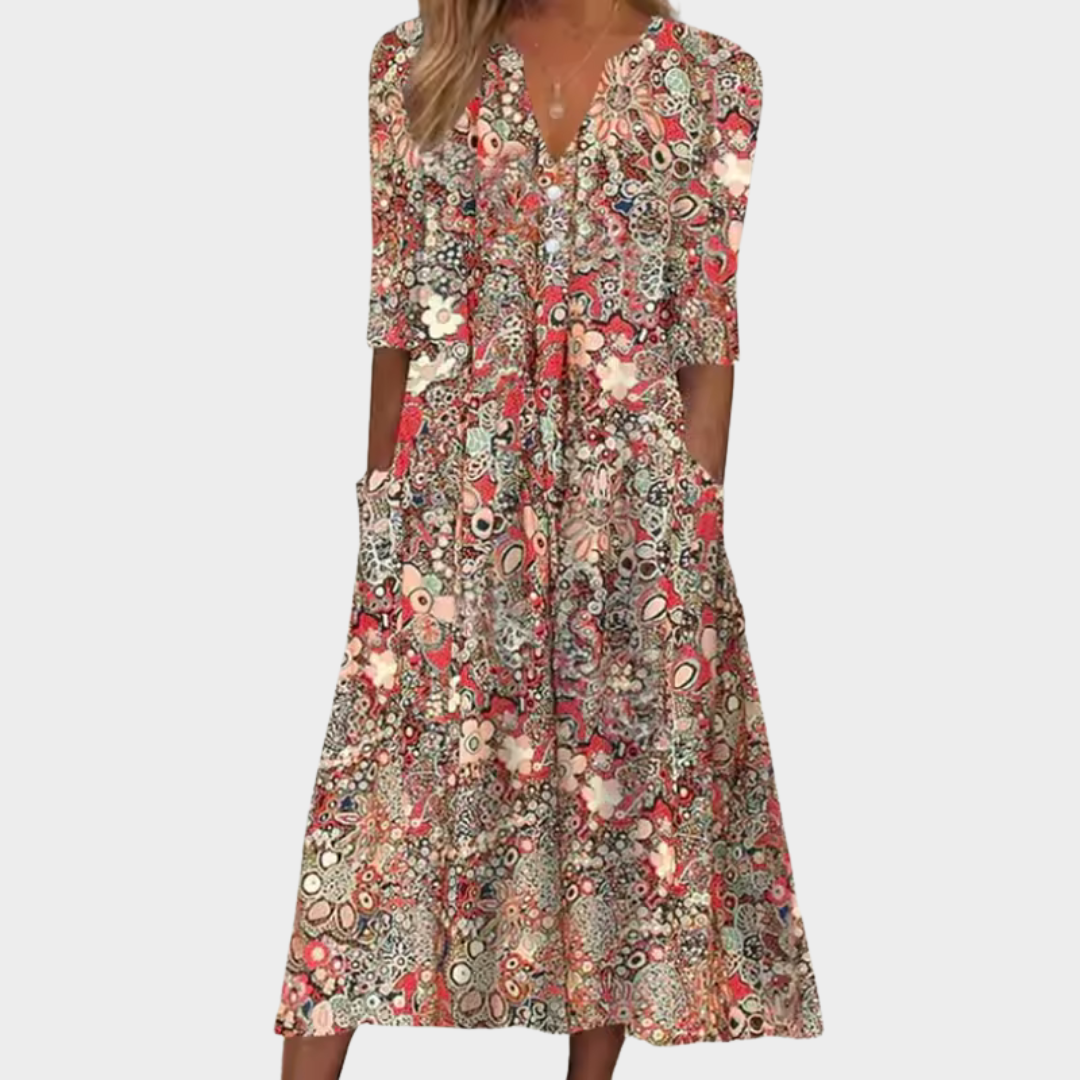 Elegant Floral-Print Midi Dress for Women Short-Sleeve Tiered