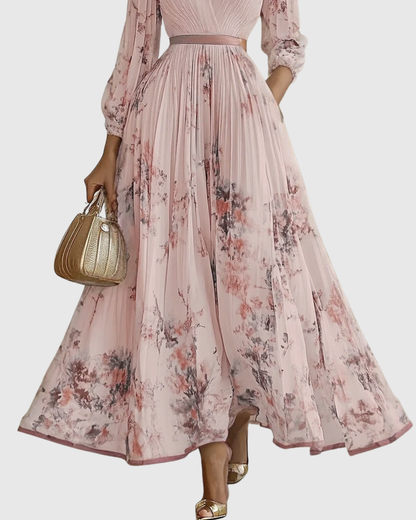 Elegant Pleated Maxi Dress for Women V-Neck Sleeveless Floral-Print