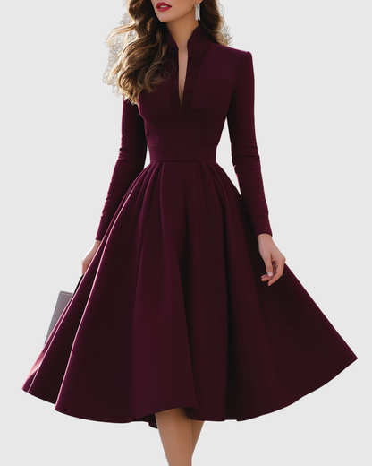 Elegant Midi Dress for Women V-Neck Long-Sleeve