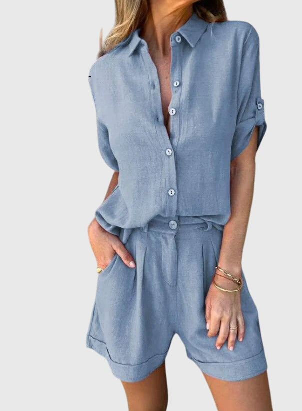 Comfortable Two-Piece Set for Women Button-Front Linen Shorts