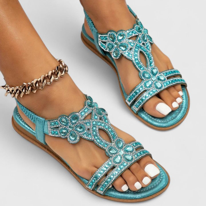Elegant Flat Sandals for Women Rhinestone T-Strap Embellished