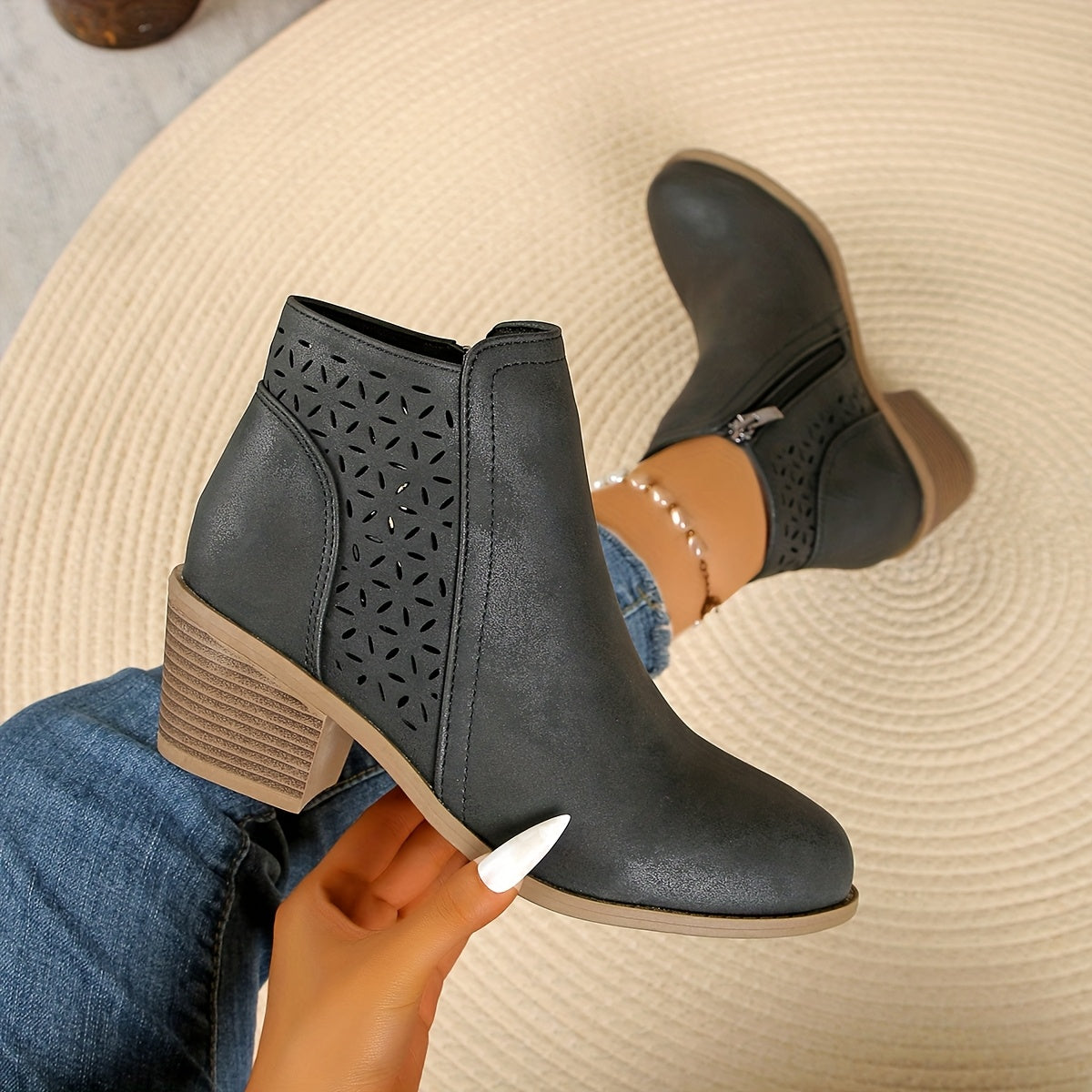 Stylish Ankle Boots for Women Perforated Zip-Up Block-Heel
