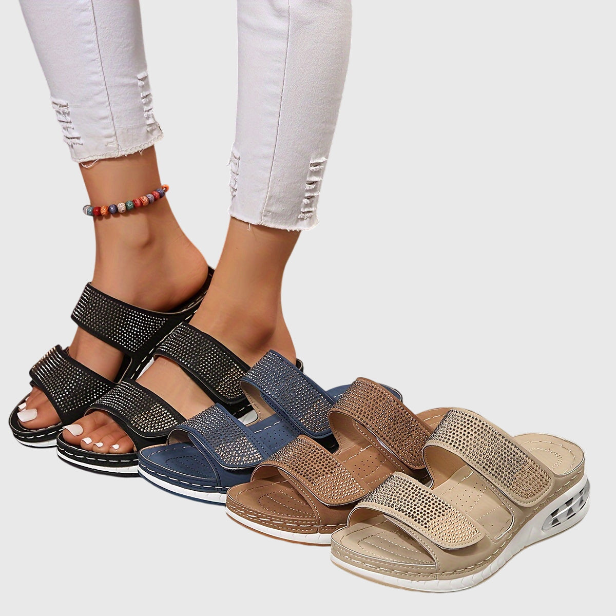 Comfortable Slide Sandals for Women Rhinestone Mesh Open-Toe