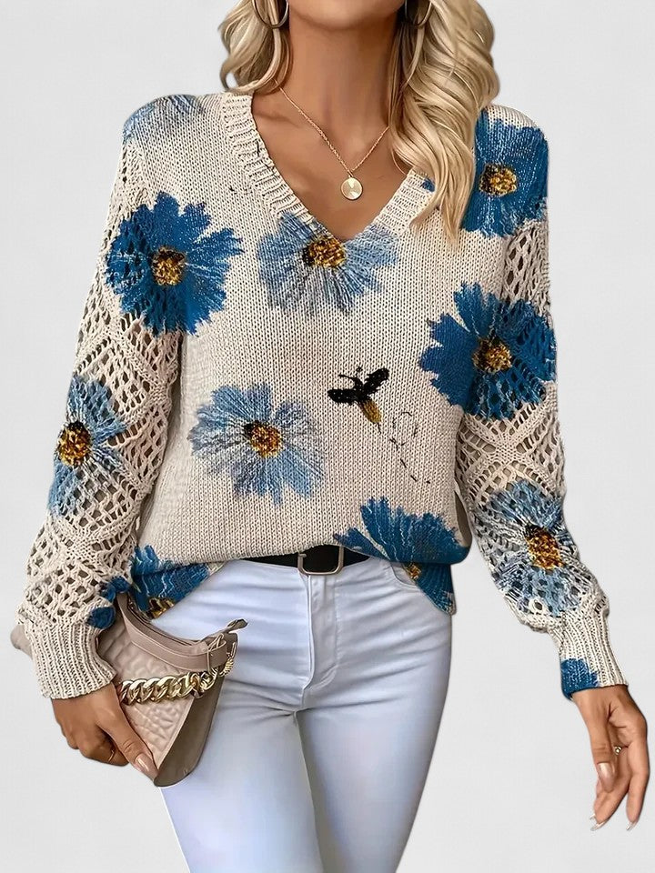 Elegant Pullover Sweater for Women V-Neck Floral-Crochet