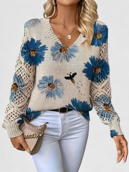 Elegant Pullover Sweater for Women V-Neck Floral-Crochet