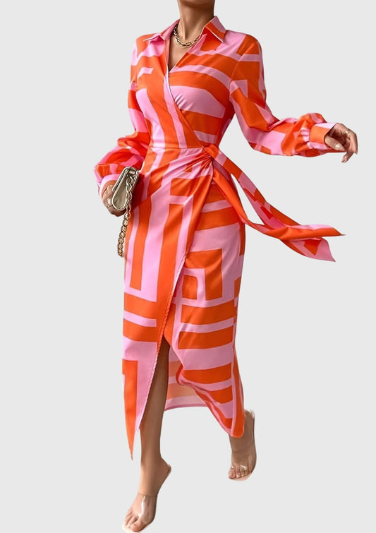 Elegant Wrap Dress for Women Collared Long-Sleeve Geometric-Print