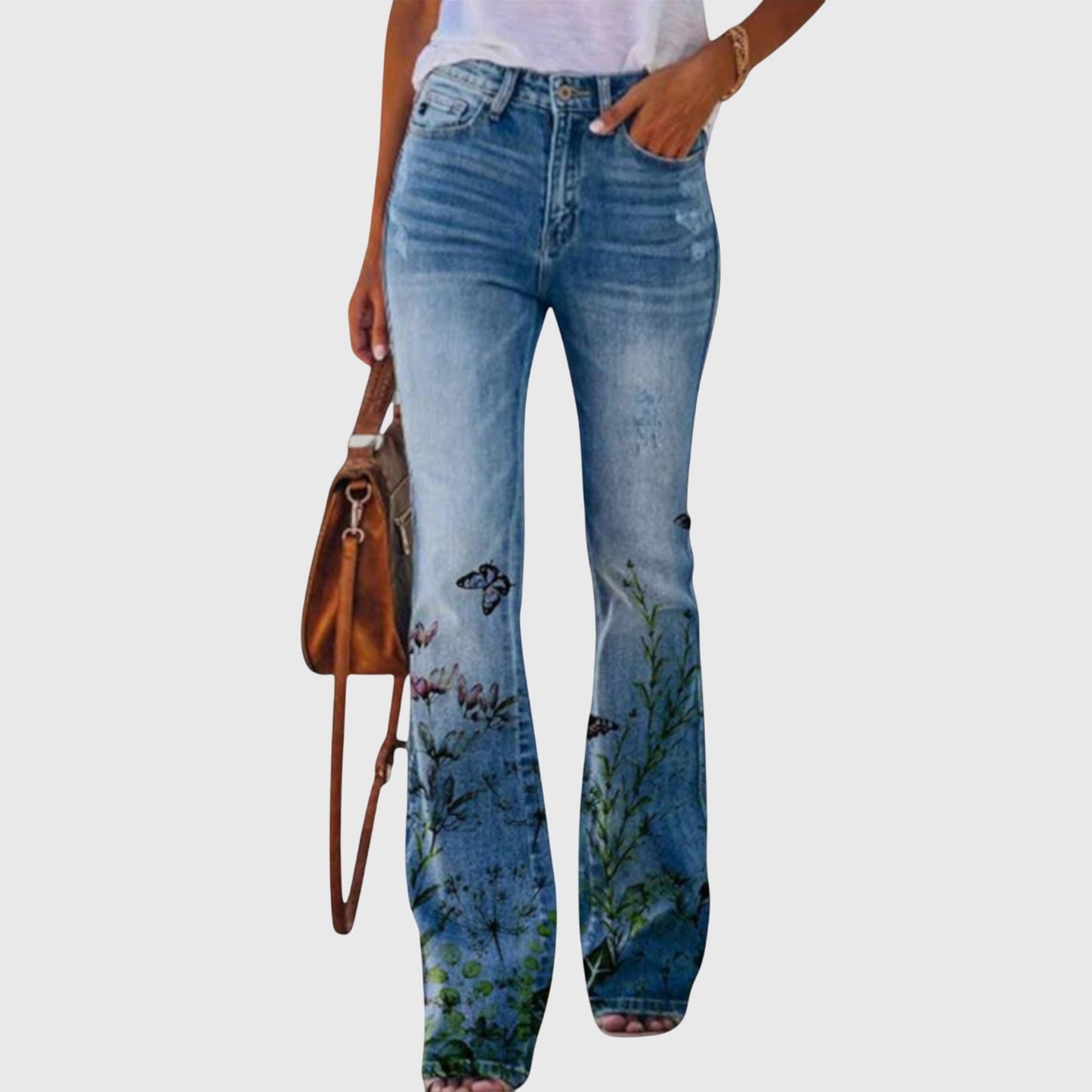 Effortless Flared Jeans for Women Relaxed Floral-Embroidered Distressed