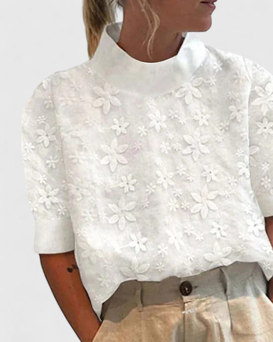Elegant Blouse for Women Eyelet Mock-Neck Short-Sleeve
