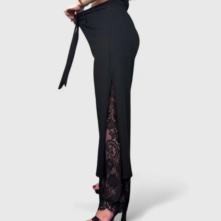 Elegant Wide-Leg Pants for Women Tie-Waist Lace-Trim
