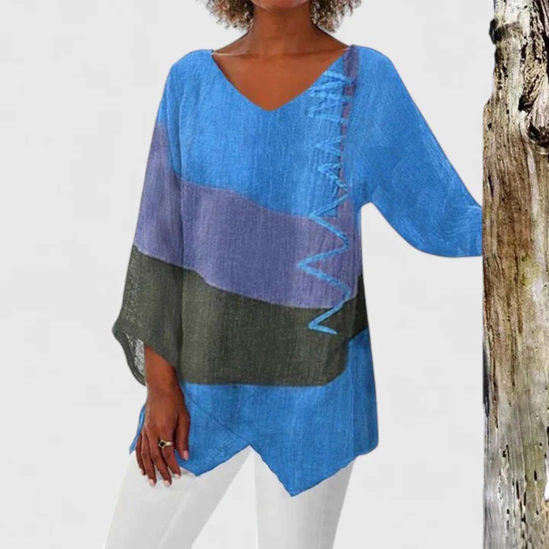 Elegant Blouse for Women Colorblock V-Neck Wide-Sleeve