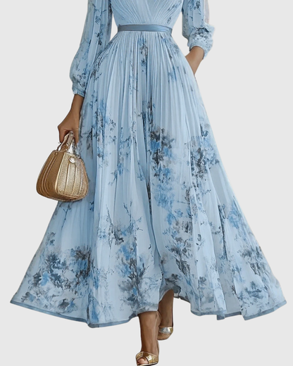 Elegant Pleated Maxi Dress for Women V-Neck Sleeveless Floral-Print