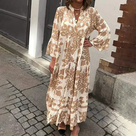 Effortless Printed Maxi Dress for Women Long-Sleeve Bell-Sleeve