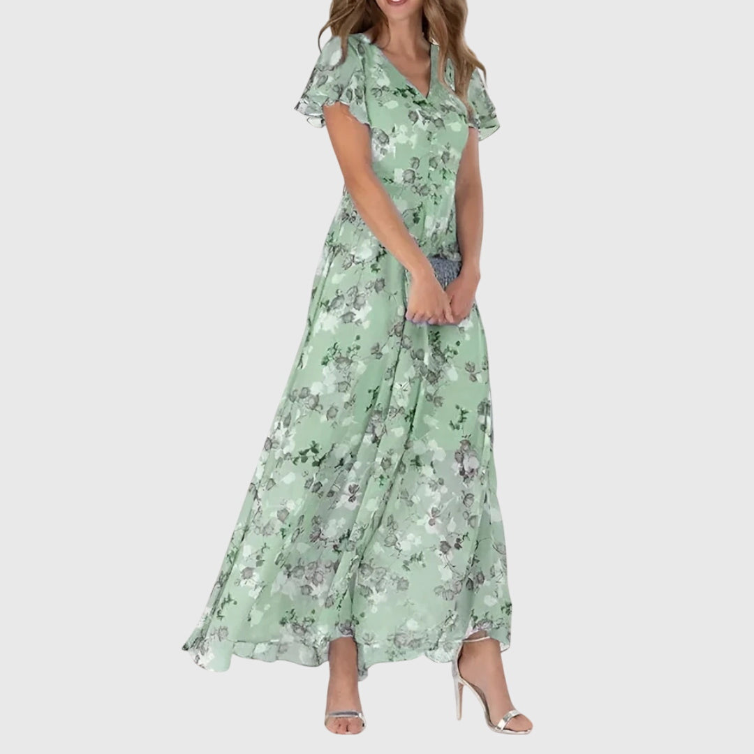 Elegant Maxi Dress for Women Ruffle-Sleeve Floral-Print