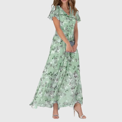Elegant Maxi Dress for Women Ruffle-Sleeve Floral-Print