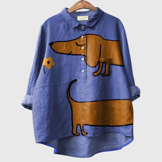 Elegant Blouse for Women Dog-Print Button-Front Long-Sleeve