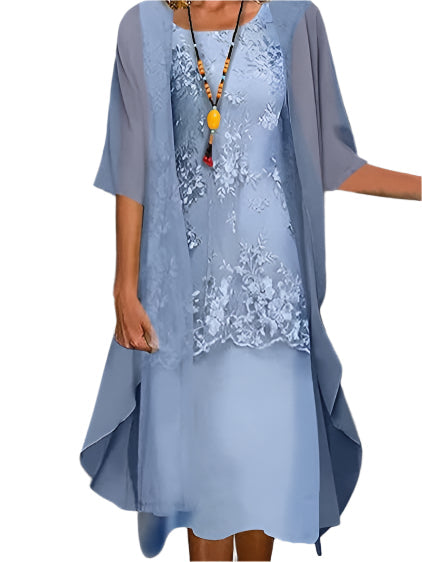 Elegant Midi Dress for Women Sheer-Sleeve Lace-Overlay