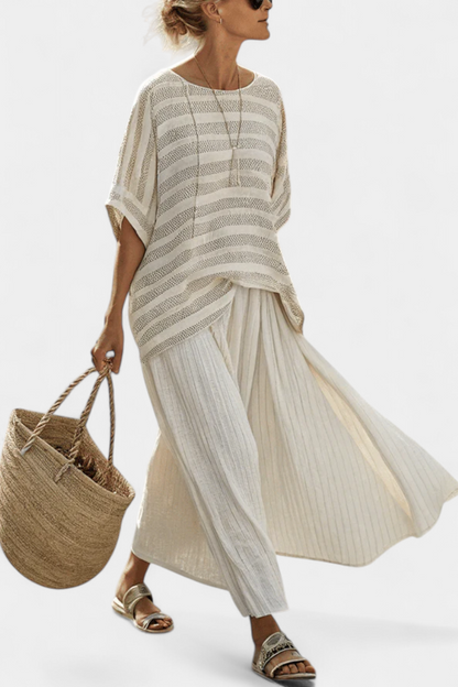 Comfortable Two-Piece Set for Women Striped Textured Wide-Leg