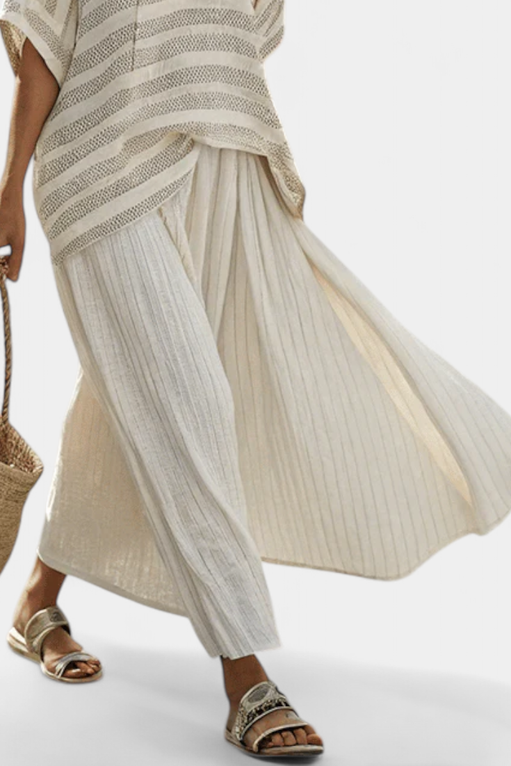 Comfortable Two-Piece Set for Women Striped Textured Wide-Leg