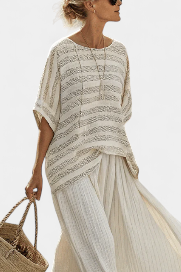 Comfortable Two-Piece Set for Women Striped Textured Wide-Leg