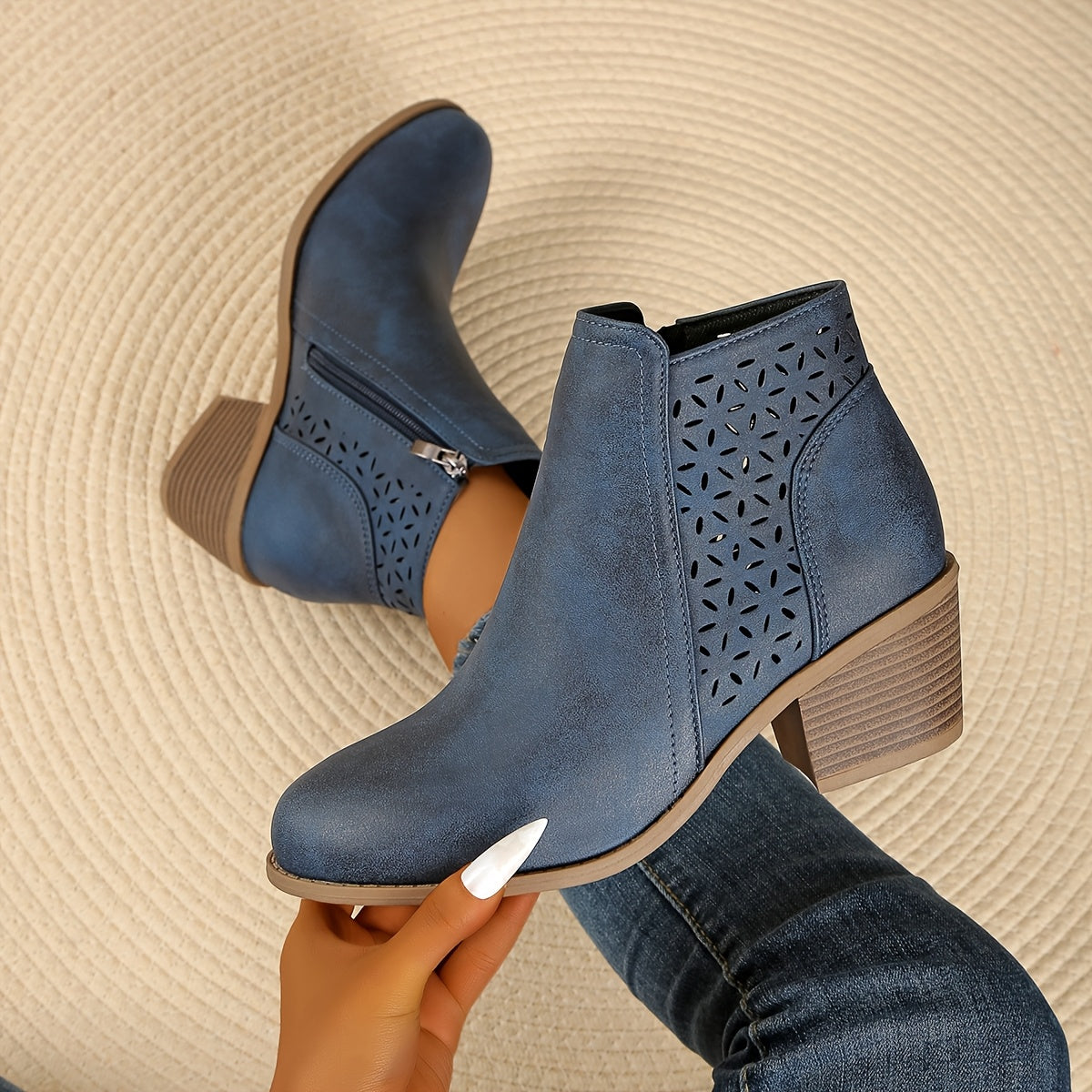 Stylish Ankle Boots for Women Perforated Zip-Up Block-Heel