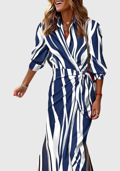 Elegant Wrap Dress for Women Collared Long-Sleeve Geometric-Print