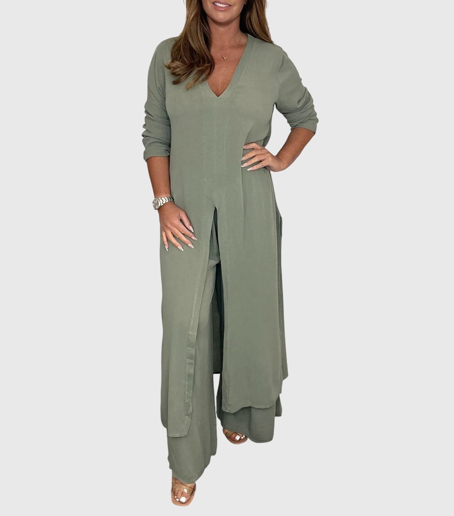 Elegant Two-Piece Set for Women V-Neck Tunic Wide-Leg