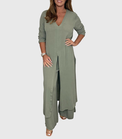 Elegant Two-Piece Set for Women V-Neck Tunic Wide-Leg