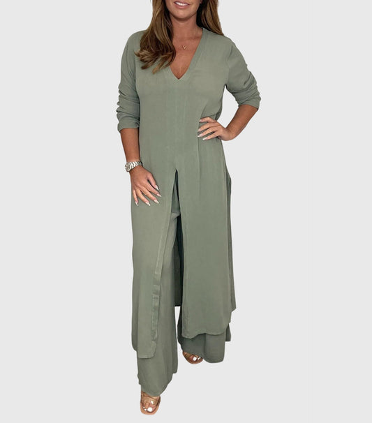 Elegant Two-Piece Set for Women V-Neck Tunic Wide-Leg
